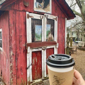Queen Bee Coffee - Oat milk latte and cute old farm shed - Coffee & Tea Near Me - McDonough, Georgia Queen Bee Coffee - Oat milk latte and cute old farm shed - Coffee & Tea Near Me - McDonough, Georgia