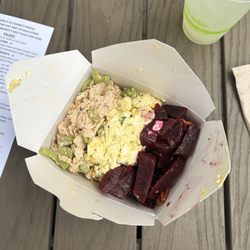 Alfie's - From left to right: Chicken salad, egg salad, and beet salad. This is the 2 protein 1 side combo meal