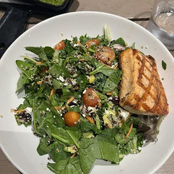 Burtons Grill & Bar - superfood salad with salmon cooked medium, light quinoa and dressing - New American Near Me - Boca Raton, Florida