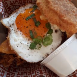Take Out: The Moose Biscuit ($14) - gravy on the side - Chicken in the sandwich so crispy!