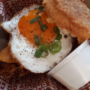 Chewie's Chicken & Biscuits - Take Out: The Moose Biscuit ($14) - gravy on the side - Chicken in the sandwich so crispy! - Sandwiches Near Me - Vancouver, British Columbia