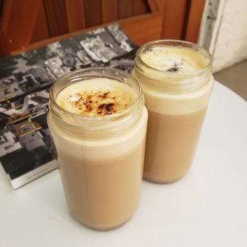 Horizon Line Coffee - Two seasonal lattes. Salted caramelized fig and Pumpkin Brulee. Latte art in glass jars = - Coffee Roasteries Near Me - Des Moines, Iowa Horizon Line Coffee - Two seasonal lattes. Salted caramelized fig and Pumpkin Brulee. Latte art in glass jars = - Coffee Roasteries Near Me - Des Moines, Iowa