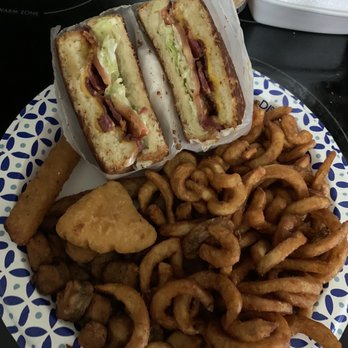 California Burger - BLT with curly fries. We shared the Mac & cheese bites, zucchini fries, and fried okra. - Burgers Near Me - Indianapolis, Indiana California Burger - BLT with curly fries. We shared the Mac & cheese bites, zucchini fries, and fried okra. - Burgers Near Me - Indianapolis, Indiana