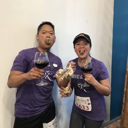 Wine and Chocolate 5k Run - Having fun with all of our goodies! Wine, chocolate covered strawberries and popcorn