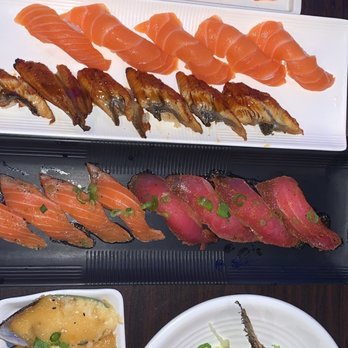 Show Sushi - salmon carpaccio, salmon, unagi, pepper salmon, cajun tuna, mussels, salmon collar - Sushi Bars Near Me - San Dimas, California Show Sushi - salmon carpaccio, salmon, unagi, pepper salmon, cajun tuna, mussels, salmon collar - Sushi Bars Near Me - San Dimas, California