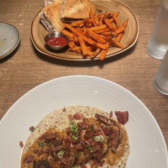 Grand Olde Station - Cuban Sandwhich with sweet potato fries and Savory grilled shrimp w/ bacon and grits - New American Near Me - Lake Toxaway, North Carolina