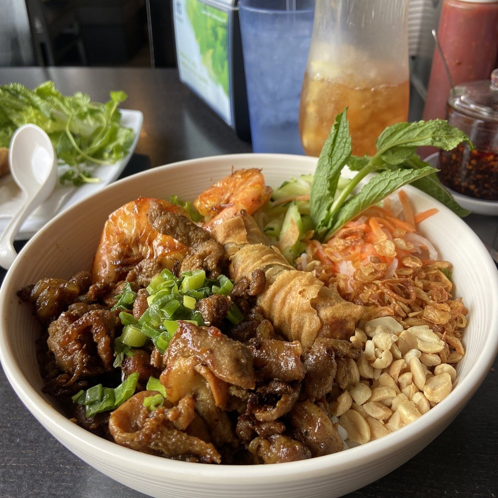Simply Pho - Vermicelli with grilled pork, shrimp, and egg roll. - Noodles Near Me - Orange, California Simply Pho - Vermicelli with grilled pork, shrimp, and egg roll. - Noodles Near Me - Orange, California