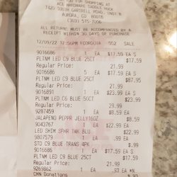 Ace Hardware Saddle Rock - My receipt for lights I purchased