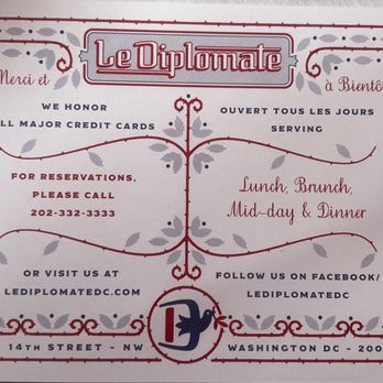 Le Diplomate - Back of card that came with bill - Brasseries Near Me - Washington, DC, District of Columbia