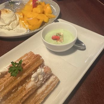Krung Thep Thai Bistro - Thai Churro with Green Pandan Sauce Mango Sticky Rice with Ice Cream - Thai Near Me - Corona, California Krung Thep Thai Bistro - Thai Churro with Green Pandan Sauce Mango Sticky Rice with Ice Cream - Thai Near Me - Corona, California