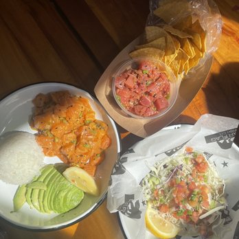 Bear Flag Fish - Large plate w/ salmon poke, ahi poke, bear flag taco - Seafood Near Me - Newport Beach, California