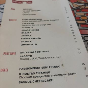 Sono North Park - Drink menu. Ig@mel_foodie_ventures - Italian Near Me - San Diego, California