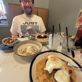 The Breakfast Corner - Three little pigs, biscuits and gravy, and blueberry pancake. - Breakfast & Brunch Near Me - St. Louis, Missouri The Breakfast Corner - Three little pigs, biscuits and gravy, and blueberry pancake. - Breakfast & Brunch Near Me - St. Louis, Missouri