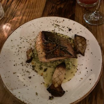 The Table - Market fish: Salmon with mashed broccoli, trumpet mushrooms and trout roe. Absolutely phenomenal, seasoned very well and cooked perfectly. - New American Near Me - San Jose, California