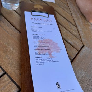 Beckmen Vineyards - Tasting menu. - Wineries Near Me - Los Olivos, California Beckmen Vineyards - Tasting menu. - Wineries Near Me - Los Olivos, California