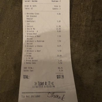 Khinkali House - The bill - Armenian Near Me - Glendale, California