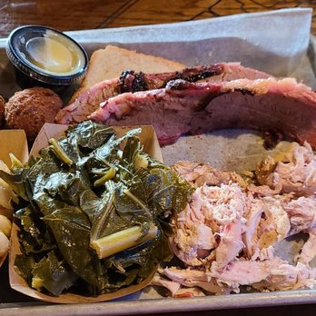 Brisket - 2 meats, chicken & sliced brisket with mac, collards, and hush puppies. All were literally delicious! - Barbeque Near Me - North Myrtle Beach, South Carolina Brisket - 2 meats, chicken & sliced brisket with mac, collards, and hush puppies. All were literally delicious! - Barbeque Near Me - North Myrtle Beach, South Carolina