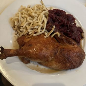 Alfred's Restaurant - Maple Leaf Roasted Duck with spätzle and red cabbage - French Near Me - Hilton Head Island, South Carolina Alfred's Restaurant - Maple Leaf Roasted Duck with spätzle and red cabbage - French Near Me - Hilton Head Island, South Carolina