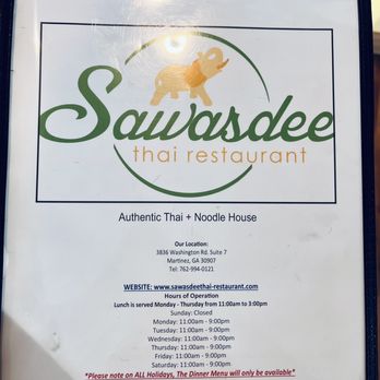 Sawasdee Authentic Thai - Menu Front page - Thai Near Me - Martinez, Georgia
