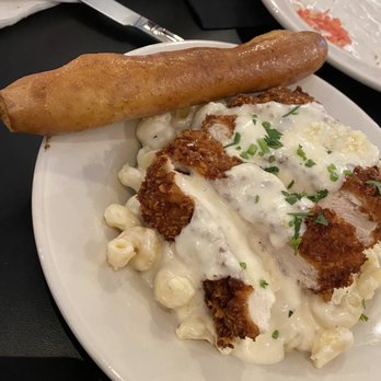 The Depot - Alfredo with Crusted Chicken + breadstick - Burgers Near Me - Greenfield, Indiana The Depot - Alfredo with Crusted Chicken + breadstick - Burgers Near Me - Greenfield, Indiana