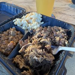 Taylor and Son's BBQ - Pulled pork dinner with baked macaroni and loaded baked beans.
