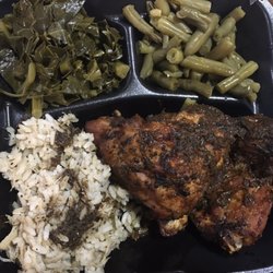 Jerkin Ya Soul Caribbean - Jerk chicken, collard greens, green beans, and rice.