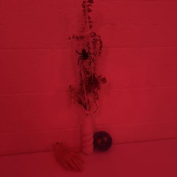 Imaginary Factory - Halloween decor - A plant in a vase, a hand, and a ball are arranged on a surface against a wall, illuminated by red lighting. - Cocktail Bars Near Me - Madison, Wisconsin
