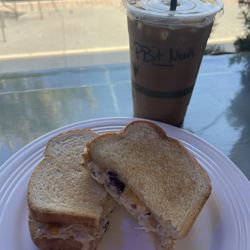 Deja Bleu House of Coffee - Chicken salad sandwich and PB+Num iced latte