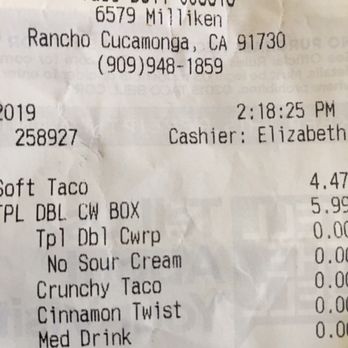 Taco Bell - Receipt stating No Sour Cream - Fast Food Near Me - Rancho Cucamonga, California Taco Bell - Receipt stating No Sour Cream - Fast Food Near Me - Rancho Cucamonga, California