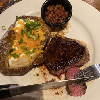 LongHorn Steakhouse - Sirloin 8 ounce with baked potato and bacon on the side - Steakhouses Near Me - Cypress, Texas LongHorn Steakhouse - Sirloin 8 ounce with baked potato and bacon on the side - Steakhouses Near Me - Cypress, Texas