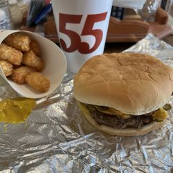 Hwy 55 - JB&B BBQ Bacon Burger, Tots, and drink