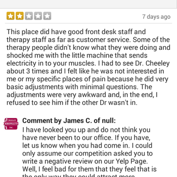 Cheeley Chiropractic Inc - Beware of writing an honest review on their page. Cheeley's current wife will try to call you on it privately and publicly. - Chiropractors Near Me - Lake Arrowhead, California Cheeley Chiropractic Inc - Beware of writing an honest review on their page. Cheeley's current wife will try to call you on it privately and publicly. - Chiropractors Near Me - Lake Arrowhead, California