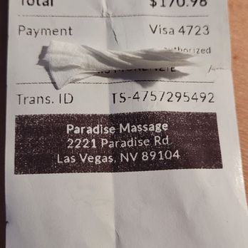 Paradise Massage - Our receipt of what they charged us and Are groupon voucher for the Couples massage..... Definitely overcharged - Massage Near Me - Las Vegas, Nevada
