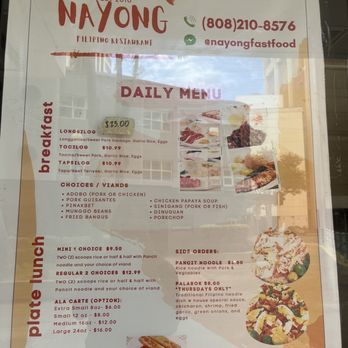Nayong Filipino Restaurant - Closer look of menu on door - Fast Food Near Me - Honolulu, Hawaii Nayong Filipino Restaurant - Closer look of menu on door - Fast Food Near Me - Honolulu, Hawaii