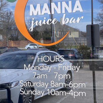 Manna Juice Bar - Window sign with hours - Juice Bars & Smoothies Near Me - Mansfield, Texas Manna Juice Bar - Window sign with hours - Juice Bars & Smoothies Near Me - Mansfield, Texas