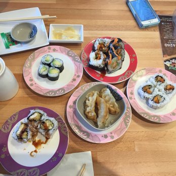 Kai Sushi - A few great dishes the color of the plates correlate to the prices. - Conveyor Belt Sushi Near Me - Lombard, Illinois Kai Sushi - A few great dishes the color of the plates correlate to the prices. - Conveyor Belt Sushi Near Me - Lombard, Illinois