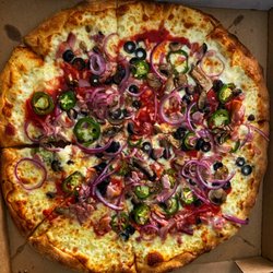 Lou's Wood Fire Pizza - Large - 16 inch: ham, olives, mushrooms, jalapeños and onions. One of the best pizzas I have ever had.