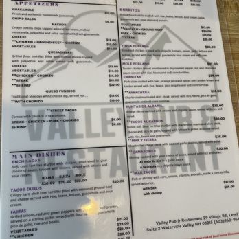 Valley Pub & Restaurant - Mexican menu (front) - American Near Me - Waterville Valley, New Hampshire Valley Pub & Restaurant - Mexican menu (front) - American Near Me - Waterville Valley, New Hampshire