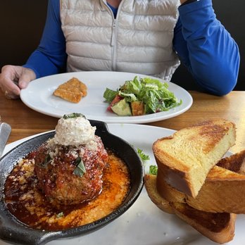 Doc B's Restaurant + Bar - 1 lb Angry Meatball (starter)and the Knife And Fork Cobb Salad (split up onto two separate plates with dressing on the side). - New American Near Me - Dallas, Texas Doc B's Restaurant + Bar - 1 lb Angry Meatball (starter)and the Knife And Fork Cobb Salad (split up onto two separate plates with dressing on the side). - New American Near Me - Dallas, Texas