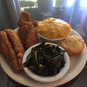 Simply Soulful - Catfish dinner with mac and cheese, collard greens, and cornbread muffin - Desserts Near Me - Seattle, Washington