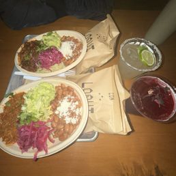 Carnitas bowl, Birria bowl, hibiscus margarita, lime margarita