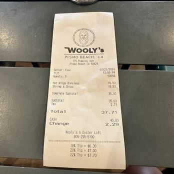 Wooly's - Receipt - Seafood Near Me - Pismo Beach, California