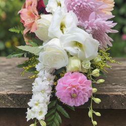 My Little Posy - A dreamy mix of crisp white roses, soft pink dahlias, and vibrant alstroemerias. Perfectly wrapped and ready to brighten the room!