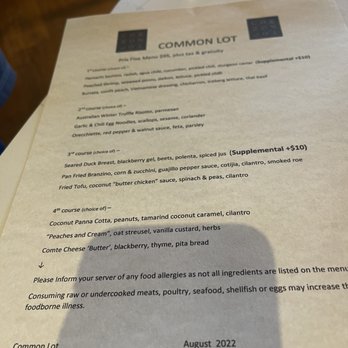Common Lot - Menu for our Prix Fixe meal on a Saturday night. - New American Near Me - Millburn, New Jersey