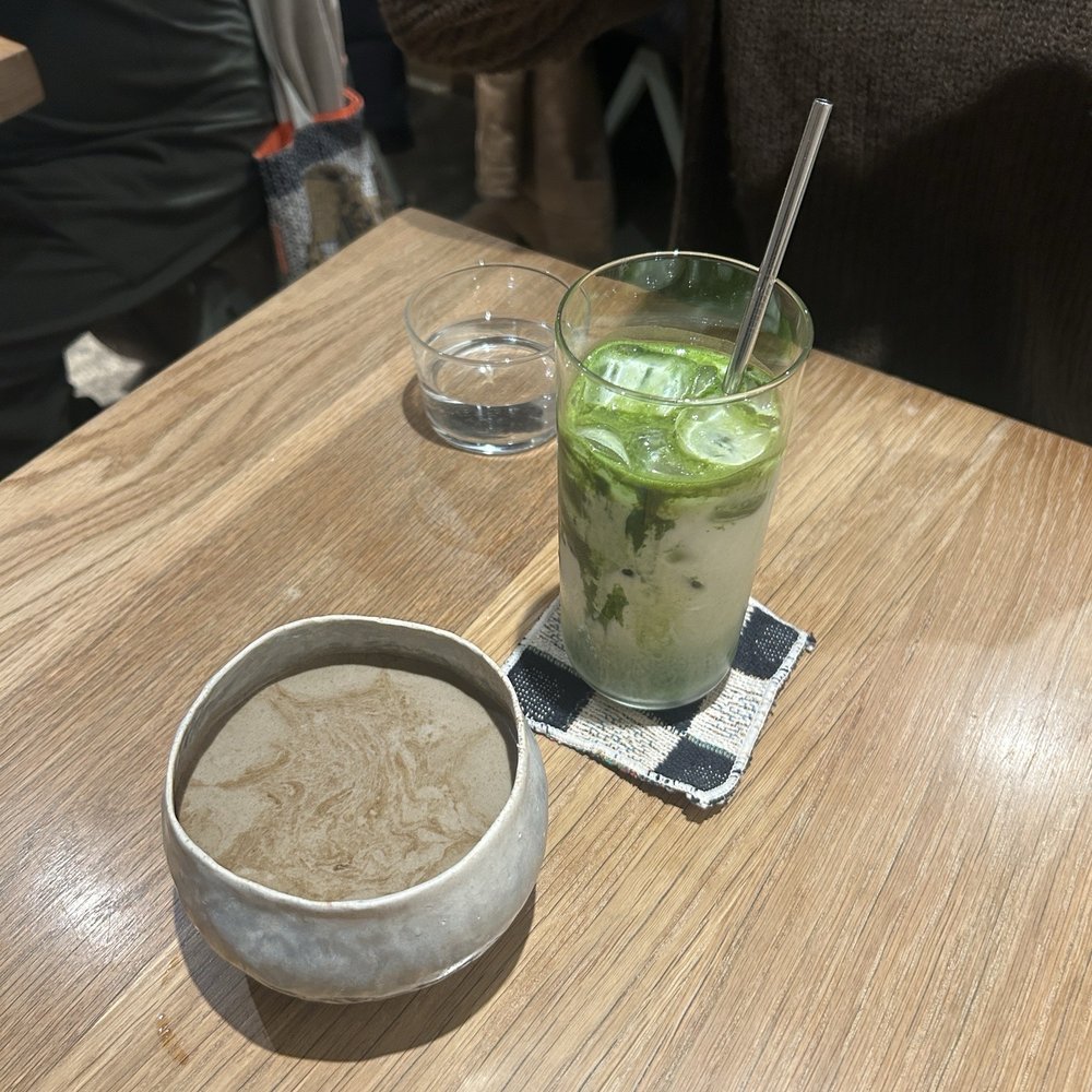 Sweet corn hojicha and matcha lattes