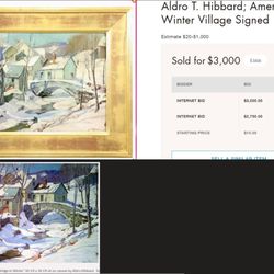 Copy of Aldro Hibbard's painting "Village with Bridge in Winter."