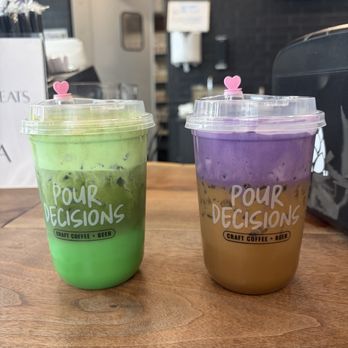 Pour Decisions Craft - pandan matcha (left) & ube vietnamese coffee (right) - Coffee & Tea Near Me - San Jose, California Pour Decisions Craft - pandan matcha (left) & ube vietnamese coffee (right) - Coffee & Tea Near Me - San Jose, California