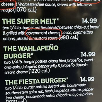 Wahlburgers - Closeup of the menu showing the "government cheese" usage...lol - Burgers Near Me - Bloomington, Minnesota Wahlburgers - Closeup of the menu showing the "government cheese" usage...lol - Burgers Near Me - Bloomington, Minnesota