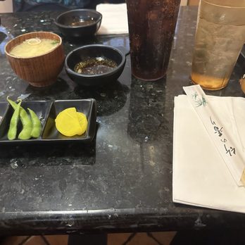 Teishoku - Ginger, Edamami, Daikon, Miso Soup, Tempura sauce, and Diet Coke - Japanese Near Me - Honolulu, Hawaii