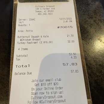 Culinary Dropout - Check please 12/1/22 - New American Near Me - Tempe, Arizona